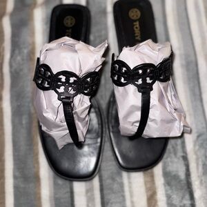 Tory Burch-Miller Logo Black Leather Logo Cutout Sandals-Size 10